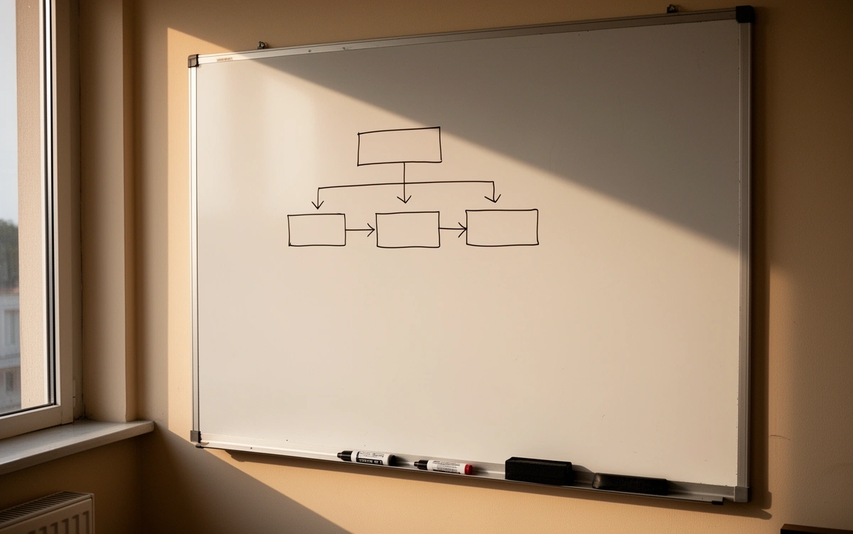 Tableau blanc avec un schéma au feutre de flèches et de cases